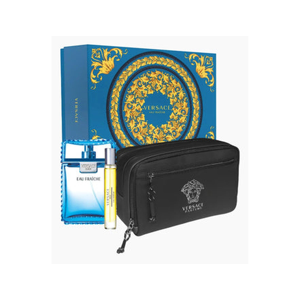 Estuche completo de Versace Man Eau Fraiche Eau de Toilette Gift Set (3PC) — 100ml + 10 mL + Pouch