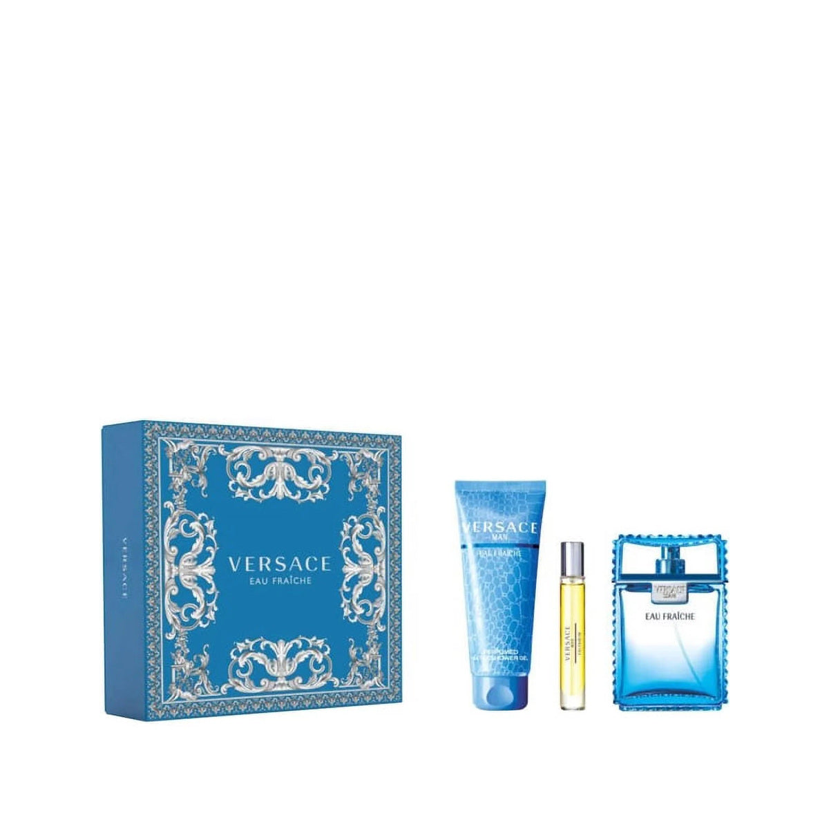 Estuche completo de Versace Man Eau Fraiche Eau de Toilette Gift Set (3PC) — 100ml + 10 mL + Shower Gel 150mL