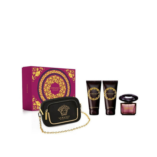 Estuche completo de Versace Crystal Noir EDT Gift Set for Women (4PC) — 90mL + Body Lotion 100mL + Shower Gel 100mL + Clutch Bag