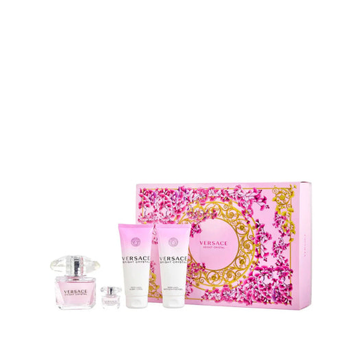 Estuche completo de Versace Bright Crystal EDT Gift Set (4PC) — 90mL + 100mL Body Lotion + 100mL Shower Gel + 5mL Mini