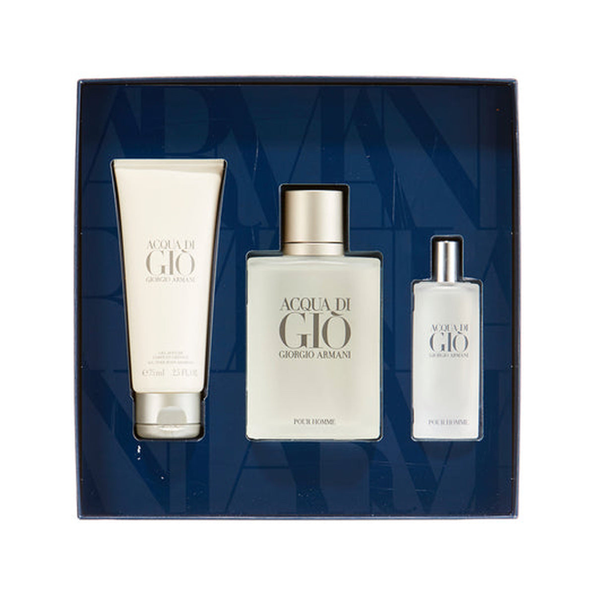 Estuche completo de Acqua Di Gio Pour Homme EDT Gift Set (3PC) — 100mL + 15mL + 75mL Shower Gel