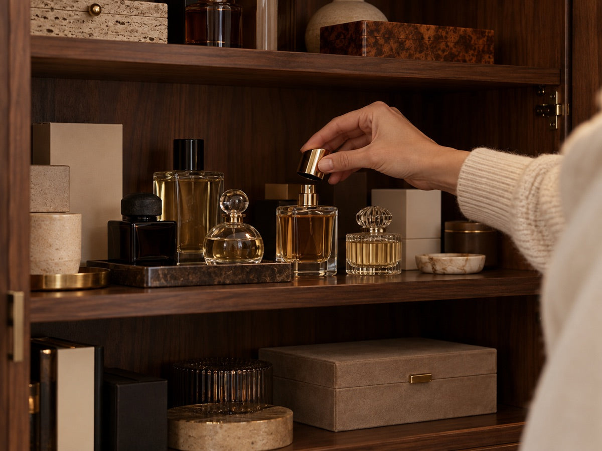 Cuidado de una colección de perfumes guardada en un armario.